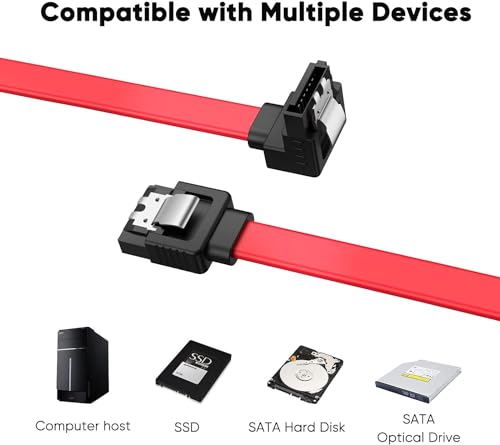 Image of Tobo SATA III Cable • 8-Inch /0.6FT • SATA III 6.0 Gbps • 7pin Female to Downward Right Angle Female Data Cable • with Locking Latch • Support for 2.5'' SSD,3.5''HDD Drive • Red