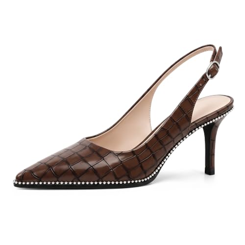 Image of YODEKS Slingback Heels for Women Pointy Toe Beaded Heels Close Toe Kitten Heel Pumps 2.5 Inch Stiletto Pumps Wedding Party Dressy Shoes