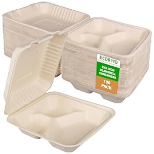 3 Compartment To Go Containers with Lids – 100-Pack of Take Out Boxes, Disposable Food Containers, Sugarcanes Biodegradable Togo Plates – Paper Clamshell Box for Lunch, Cake, Dessert