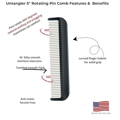 Image of Cat Comb with Silky Smooth Rotating Teeth - Clears Mats Gently and Easily (5 inch Ultra Fine Teeth; 7 inch Dual Teeth) (Black, 5 inch)