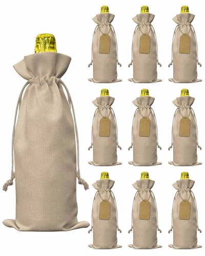Khaki Solid Color Wine Gift Bags 10PCS, Aesthetics Contemporary Luxury Reusable Burlap Cloth Wine Bottle Bags with Drawstring for Wedding, Cruise, Birthday Party, Home Storage & Gift Decoration