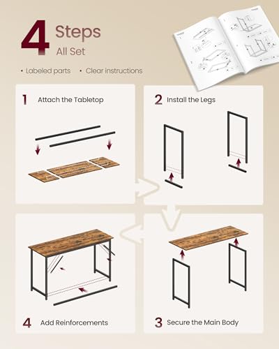 Image of VASAGLE Computer Desk, Office Work Desk, 55.1 x 19.7 x 29.9 Inches | For Study, Bedroom, Home Office, Living Room, Rustic Brown and Black ULWD214K101