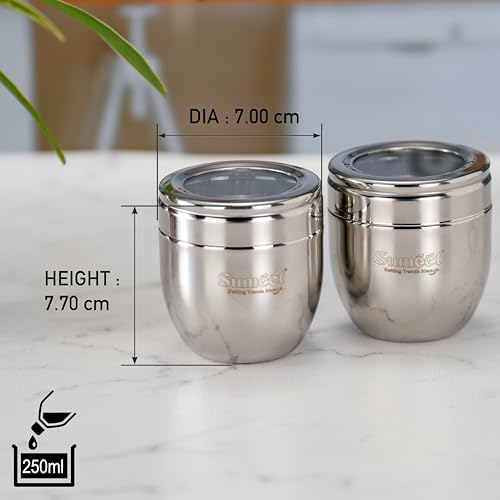 Image of Sumeet Stainless Steel Conical Shape Canisters /Dabba /Storage Containers for Kitchen with See Through Lid, Set of 4 Pcs, 250ml Each, 7cm Dia, Silver