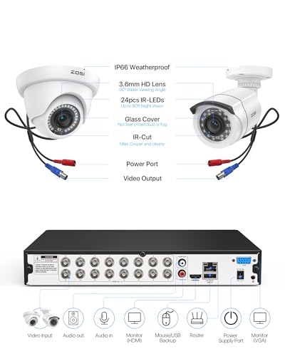 ZOSI Full 1080p 16 Channel Home Security Camera System with AI Human Vehicle Detect, 8 x 1080p Weatherproof CCTV Bullet Dome Camera Outdoor, H.265+ 16CH DVR with 2TB HDD, Night Vision, Alert Push