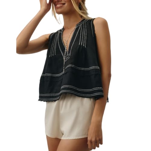 Women Y2k Embroidered Floral Swing Crop Tank Top Summer V Neck Linen Going Out Cropped Vest Beachwear