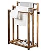 Mygift 3 tier freestanding towel rack rustic dark brown wood bathroom towel drying stand holder with bottom storage shelf  urban country home decor