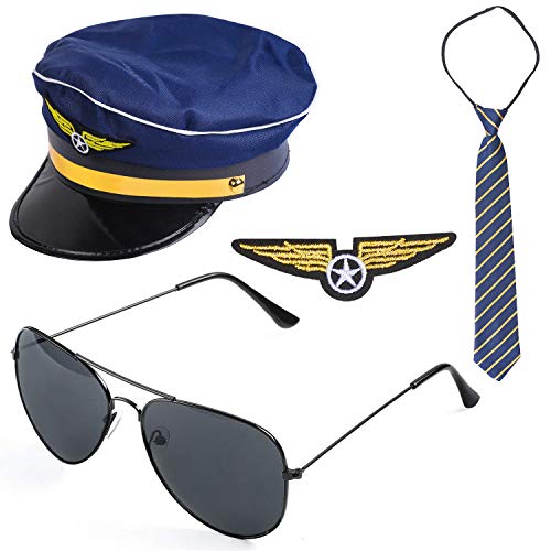 Kit Costume de Capitaine Pilote de Compagnie Aérienne Pilote Habille Un Ensemble d'accessoires avec des Lunettes de Soleil aviateur (C) Cover