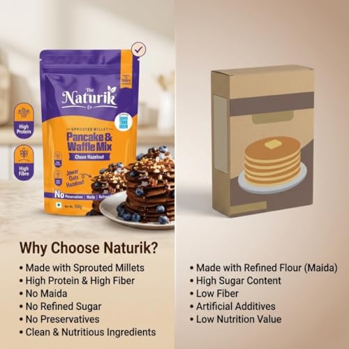 Image of The Naturik Co. Millet Hazelnut Waffle & Pancake Mix 150g | No Maida | Made with Jaggery | No Added Sugar | High Protein & Fiber | Millets Powered | Ready in 2 Minutes | No Preservatives | As Seen On Shark Tank |
