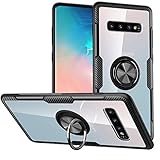 Galaxy S10 Plus Case,Crystal Clear Carbon Fiber Design Armor Protective Case with 360 Degree Rotation Finger Ring Grip Holder Kickstand [Work with Magnetic Car Mount] for Galaxy S10 Plus,Black Frame
