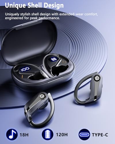 Image of Hsility Wireless Earbuds 120H Playtime Bluetooth 6.1 Ear Buds for Sports Hi-fi Stereo Headset with LED Display Charging Case Earpiece for Running Workout Audifonos Retro Black