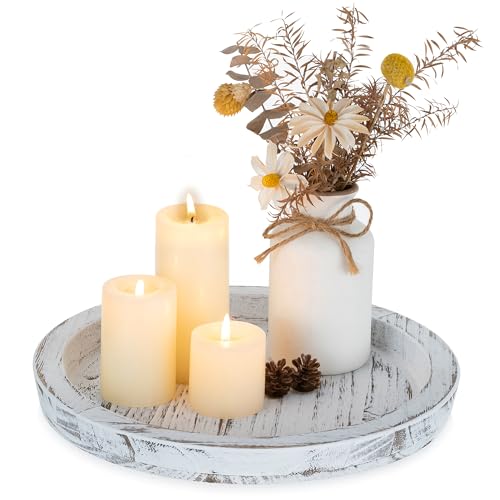 Romadedi Rustic Wooden Tray Candle Holder - Round Wood Decorative Pillar Candle Tray for Coffee Table Farmhouse Kitchen Countertop Organizer Home Decor Wedding Centerpiece, Distressed White