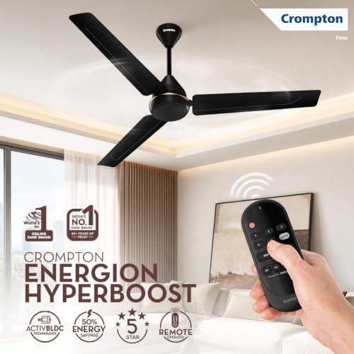 Image of Crompton Energion Hyperboost 1200mm BLDC Ceiling Fan | Point Anywhere Remote Control | BEE 5 Star Rated Energy Efficient | Superior Air Delivery | 3 Year Brand Warranty | Matte Black