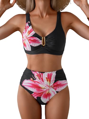 Image of Eomenie Bikini Sets for Women High Waisted Two Piece Bathing Suit U Wired V Neck Swimsuit Adjustable Straps Swimwear