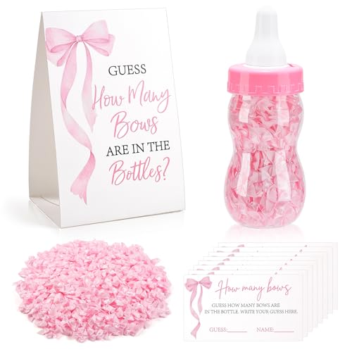 Guess How Many Baby Shower Game Pink Bow Them for Baby Shower with 1 Sign 50 Guess Cards 1 Baby Bottle and 500 Mini Pink Bows Guess How Many Bows are in The Bottle Gender Reveal Party Favors