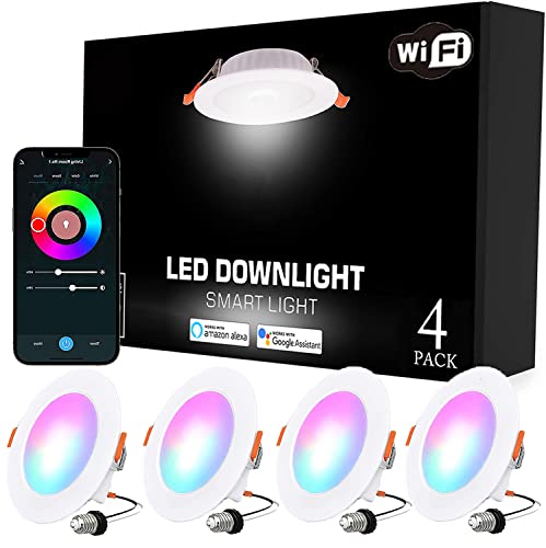 Smart LED Recessed Light, 6inch LED Can Lights with Color Changing, Dimmable WiFi Smart Retrofit LED Downlight, Voice Control via Alexa Google & Music Sync, High Brightness 16Million RGBCW 15W 4-Pack