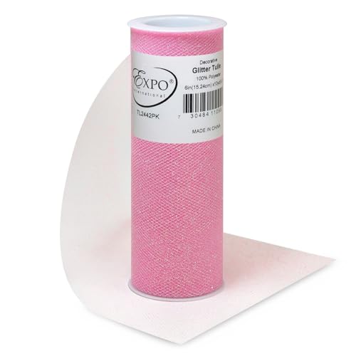 Image of Expo International Decorative Glitter Tulle, Roll /Spool of 6 inch X 10 Yards, Lightweight Polyester Tulle Fabric for Costumes, Wedding, and Party Decorations, Washable, Easy-to-Use, Pink
