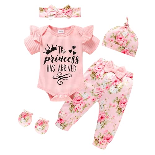 Image of Sinhoon Newborn Baby Girl Clothes Hello I'm New Here Letter Romper+Floral Pants+Hat+Headband+Coming Home Outfits