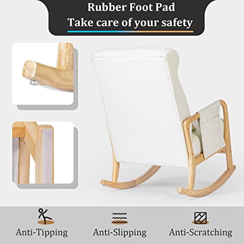 Noblemood Rocking Chair With Ottoman And Lumbar Pillow, Thickened Sponge High Back Nursery Rocker Wood Glider Chair With Mute Foot Pad For Living Room, Reading(Beige & White) #TOP4