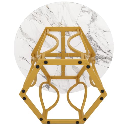 Tavolo da pranzo rotondo 100 cm con struttura in metallo dorato, tavolo da cucina rotondo con piano in marmo bianco in MDF, tavolo da pranzo per 4 persone con piedini regolabili, bianco/oro