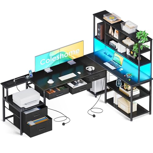 Coleshome L Shaped Corner Desk with Drawers, Reversible Home Office Computer Desk with Storages & Shelves, Gaming Table with LED Lights & Power Outlets Black, 200 × 110 cm