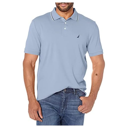 Nautica Men's Classic Fit Short Sleeve Dual Tipped Collar Polo Shirt, Lake City Blue, Large