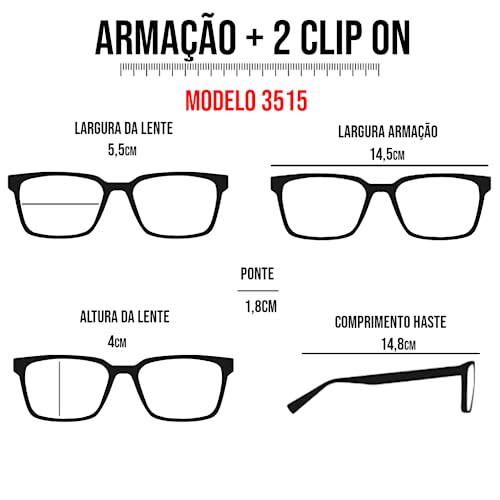 Armação de Óculos 3 em 1 Retangular Clip On Magnético Encaixe Superior Polarizado Lente Night Drive