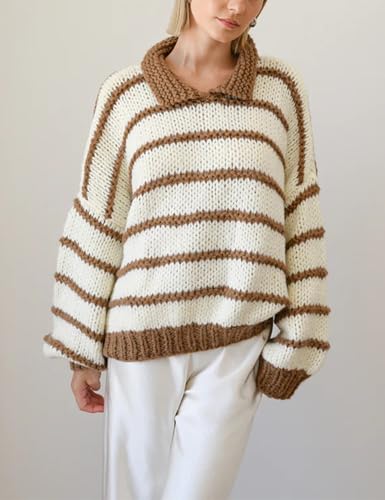 Lentta Womens Striped Sweater Crewneck Drop Shoulder Long Balloon Sleeve Oversized Knit Pullover4