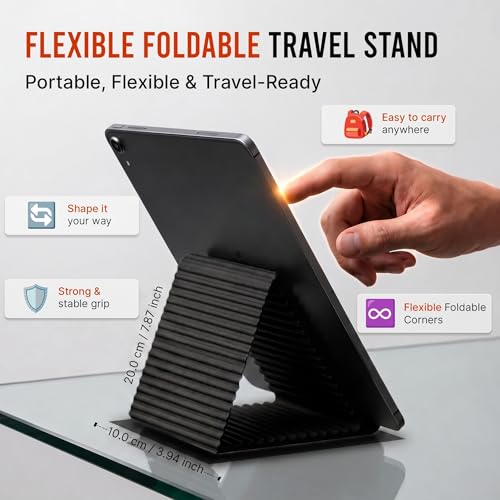 Image of Questsole Flexible Silicone Phone Stand, Foldable Rollable Mobile Holder with Aluminum Core, Multi-Angle Adjustable Desk Stand for Phone, Tablet, iPad, Laptop, Travel-Ready (Black)