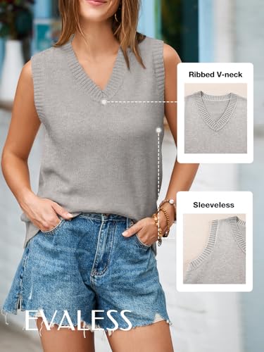 Image of EVALESS Sweater Vest Women V Neck Knit Sleeveless Tunic Tank Tops Casual Pullover Sweater Spring Trendy 2026 Outfits