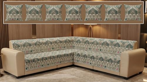 Image of Luxury Sofa Cover L Shape 7 Seater with Matching Cushion Cover 16x16 inch - Emerald Paisley Royal 4+3 Seater (7 Seater) Quilted Sofa Cover Set Pack of 12, Washable, Emerald Teal
