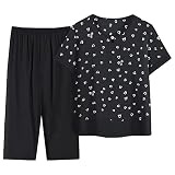 Generisch Damen Sommer Anzüge Casual Bedruck Schlafanzughose Lockere Hausanzug Im Haus Frauen Baggy Freizeitanzug Short Ärmeln Oberteil Langes Hosen Outdoor Rundhals Ausschnitt Leicht (Black, XXXXL)