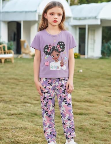 Image of mksodop Girls Outfit Set Graphic T Shirt and Camo Jogger Pants Cute Casual Clothes for Girls 5-16 Years