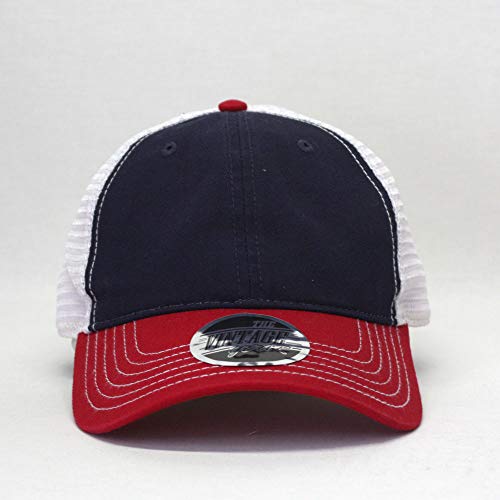 The Vintage Year Washed Cotton Low Profile Mesh Adjustable Trucker Baseball Cap (Red/Navy/White) #TOP1