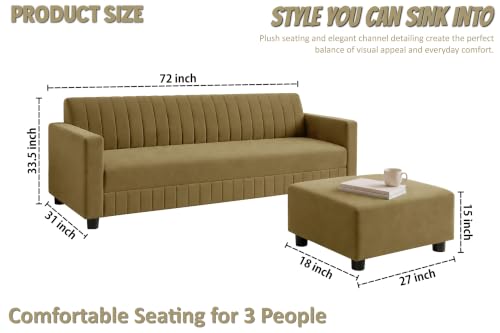 Image of Modern 3-Seater Velvet Sofa with Ottoman | Vertical Channel Tufted Backrest | Plush Cushioned Seating | Stylish Contemporary Sofa for Living Room, Bedroom & Office | Golden