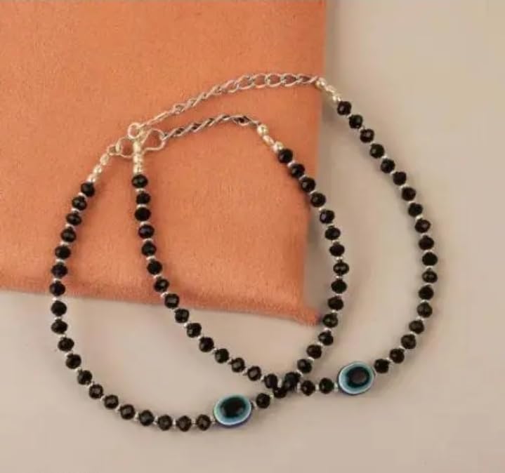 Image of Evil Eye Anklet with Black Crystal Stones, Stainless Steel Chain