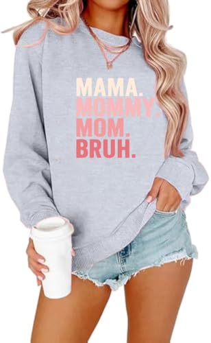YHHR Mama Mommy Mom Bruh Sweatshirt Women Letter Print Pullover Autumn Crewneck Casual Long Sleeve Tops Gray