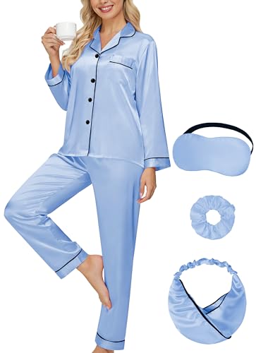 DOLOS Satin Pajama Set for Women 2-Piece Silk Pajamas for Women Set Long Sleeve Button Down Pjs Sleepwear Loungewear (Blue Long, XX-Large)