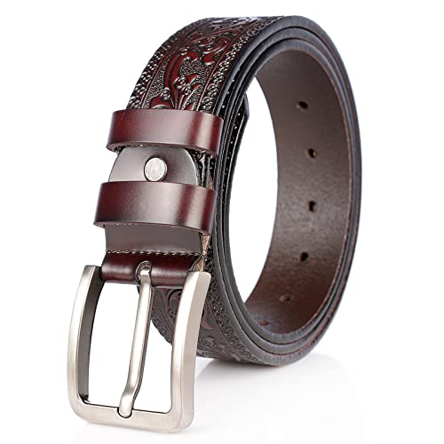 Men's Casual Genuine Leather Jeans Belts Vintage Leather Engraved Strap with Single Prong Buckle2