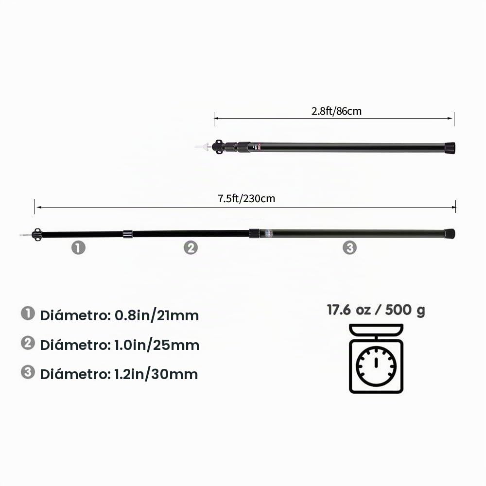 2 Piezas Palo Toldo Postes Telescópicos para Tienda de Campaña Mástil Aluminio Extensibles y Ajustables 90-230cm para Camping Toldo Negro