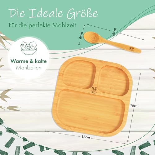 Foto von Babylovit Bambus Kinderteller | TÜV Geprüfter Baby Teller mit Saugnapf & Esslernbesteck | BLW Beikost Zubehör | Esslernlöffel Baby Melamin & BPA frei | Kinder Teller mit Saugnapf | Kinderbetseck