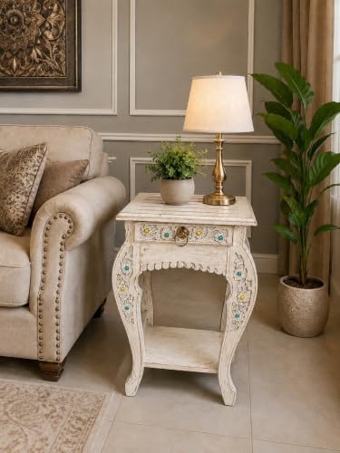 Image of Multipurpose Table Outdoor Indoor Stool Flower Vase Stool with One Drawer Material Mango Wood Size 30.5CM x 30.5CM x 53.3CM (White Antique)