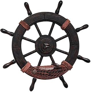 Healifty Nautical Wheel Decor Rustic Boat Ship Steering Wheel Fishing Net Wall Sculpture Rudder Hanging Ornament for Home Beach Theme Decor