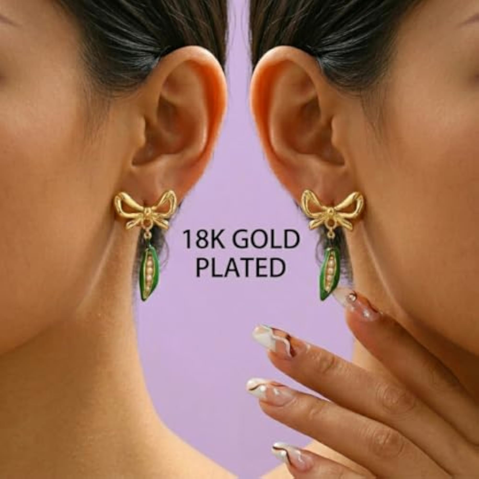 Women's Pea Pod Drop Earrings with Gold Bow Studs