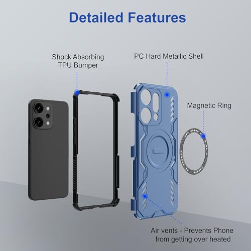 Image of Zapcase Back Case Cover for Oppo Reno 14 Pro 5G | Magnetic Case with Built-in Metal Ring | Supports MagSafe Charger, Wallet & Car Mount | Shockproof Hybrid PC + TPU | Blue