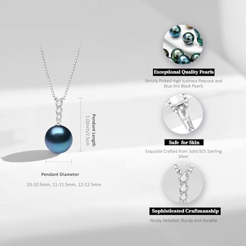 YAMI Black Tahitian Pearl Pendant Necklace, 11-13mm Saltwater Cultured Round Pearls, 925 Sterling Silver with 18+2IN Adjustable Chain – Elegant Luxury Jewelry Gift for Women4