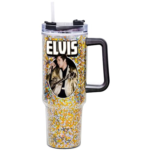 Image of Spoontiques Elvis 40oz Glitter Acrylic Travel Mug - Double Wall Acrylic with Sliding Lock Travel Lid and Straw - 11 inch Tall