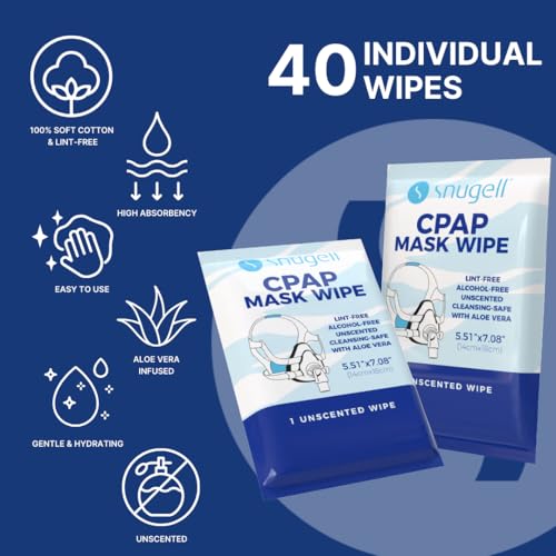 Image of Snugell Unscented Individual CPAP Mask Wipes - Travel-Friendly 40-Pack- Lint & Alcohol-Free,Skin-Safe with Aloe Vera- Perfect for Convenient, Hassle-Free Cleaner & Sanitizer of CPAP Masks & Equipment