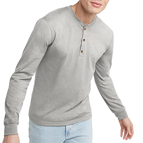 Hanes Originals T-Shirt, Long Sleeve Cotton Henley Tees for Men, Light Steel, Medium