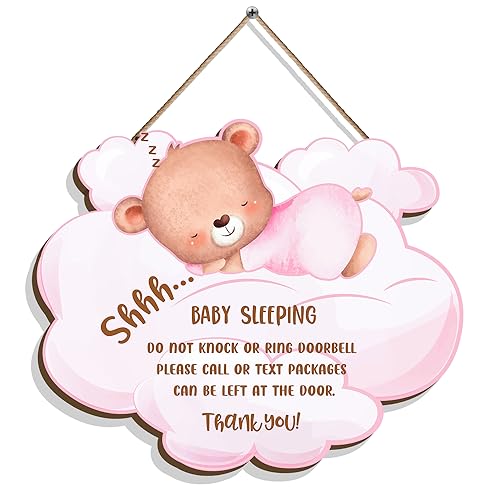 Image of Baby is Sleeping Wooden Hanging Door Sign, Funny Front Door Do Not Ring Doorbell Decorations Hanging Sign, Baby Sleeping Door Sign for Room Front Door Nursery Bedroo