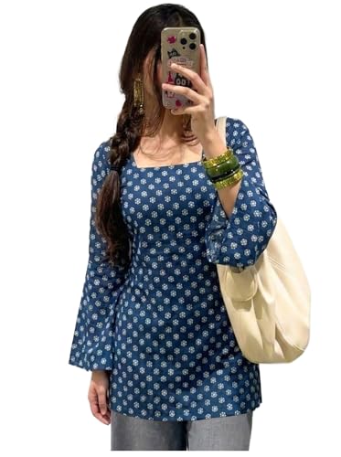 Image of ANNI Designer Women's Viscose Blend Printed Short Kurti | Straight Fit Casual Ethnic Top | Square Neck Full Sleeve Kurta Office College
